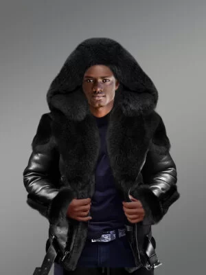 Black Shearling Coat With Fox Fur Collar for men