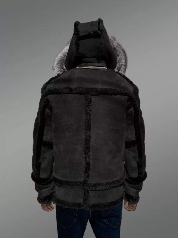 Suede Finish Black Shearling Jacket With Silver Fox Fur Hood - Image 7