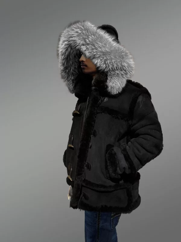 Suede Finish Black Shearling Jacket With Silver Fox Fur Hood - Image 4