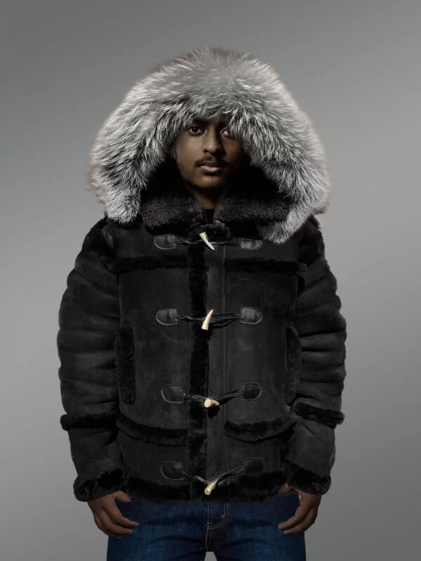 Suede Finish Black Shearling Jacket With Silver Fox Fur Hood - Image 3
