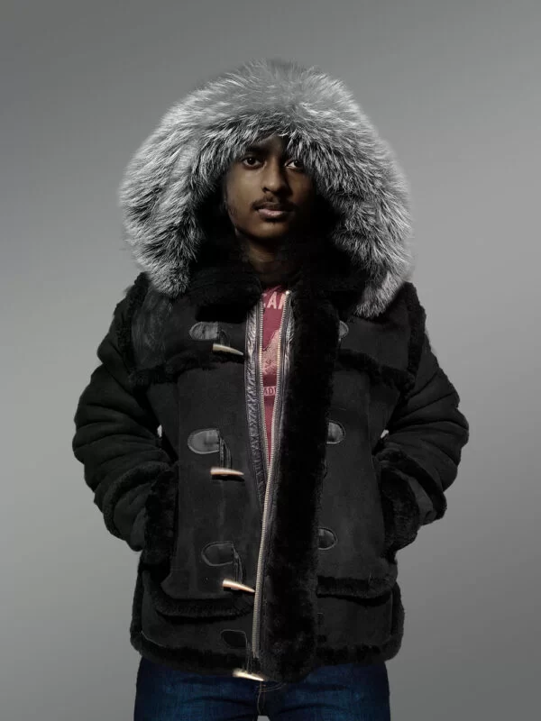 Suede Finish Black Shearling Jacket With Silver Fox Fur Hood - Image 2