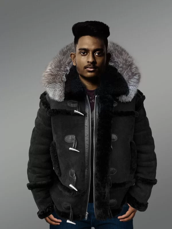 Suede Finish Black Shearling Jacket With Silver Fox Fur Hood