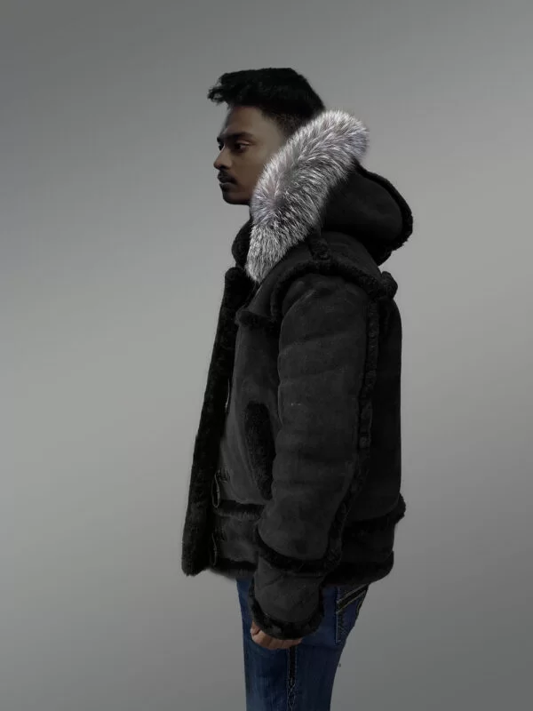Suede Finish Black Shearling Jacket With Silver Fox Fur Hood - Image 6