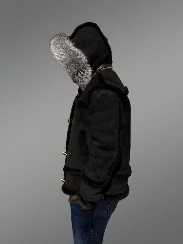 Suede Finish Black Shearling Jacket With Silver Fox Fur Hood - Image 5