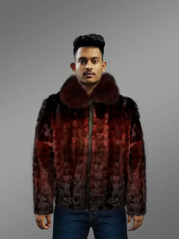 Burgundy Mink Bomber for Men with Fox Fur Collar - Image 2