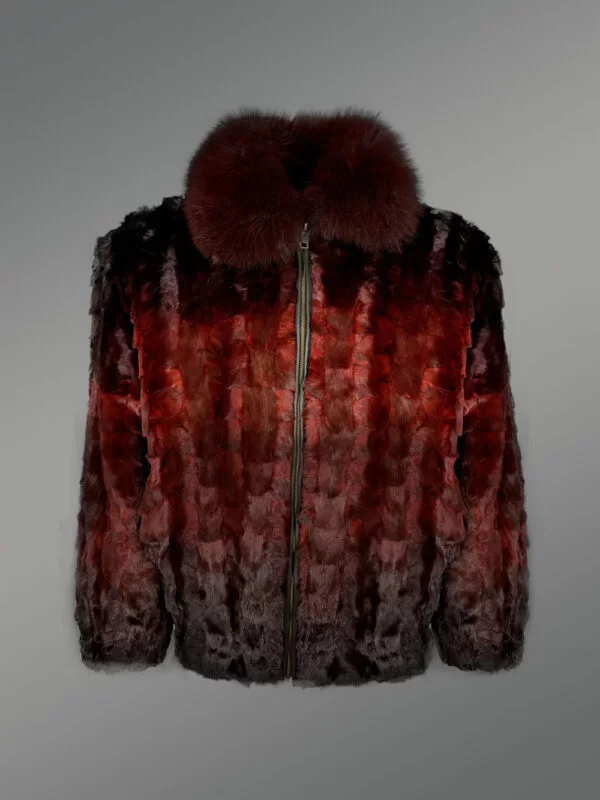 Burgundy Mink Bomber for Men with Fox Fur Collar - Image 3