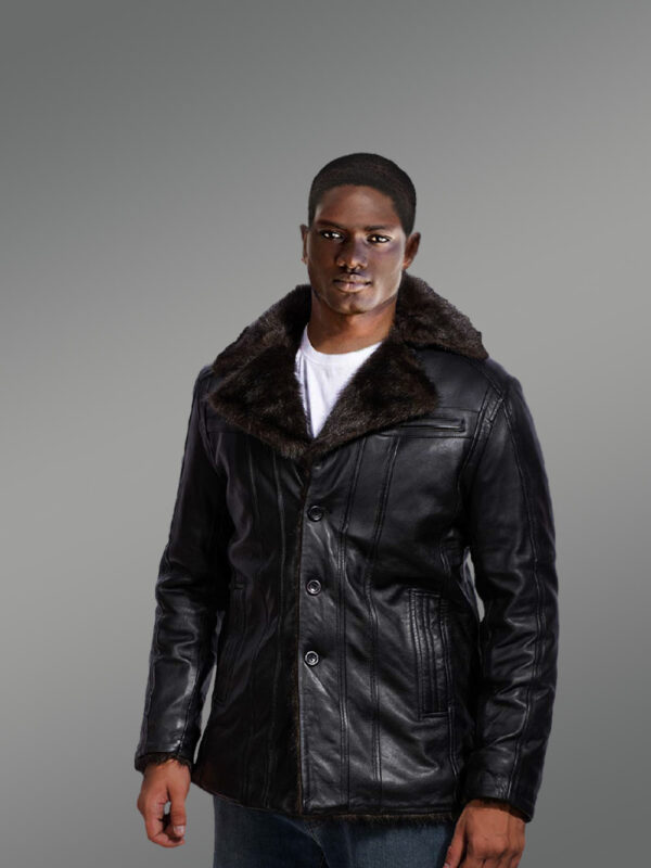 Men’s Shearling Fox Fur Coat in Black - Image 2