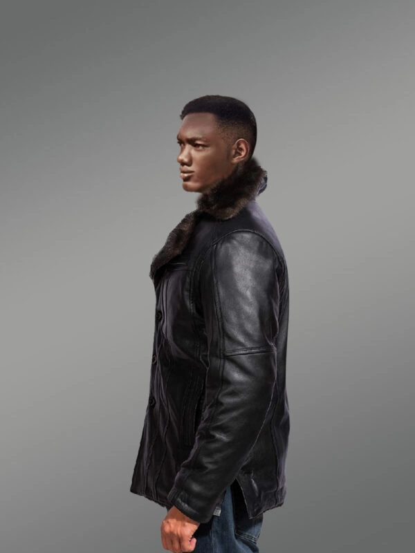 Men’s Shearling Fox Fur Coat in Black - Image 3