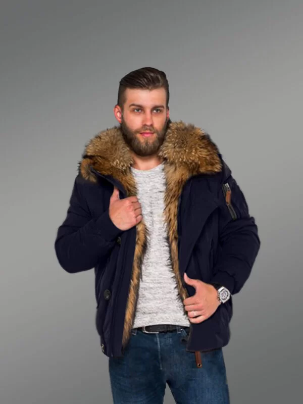 Tastefully Crafted Hybrid Finn Raccoon Fur Navy Parka for Men with Rabbit Liner