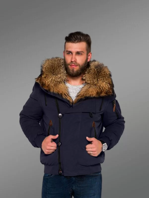 Tastefully Crafted Hybrid Finn Raccoon Fur Navy Parka for Men with Rabbit Liner - Image 3