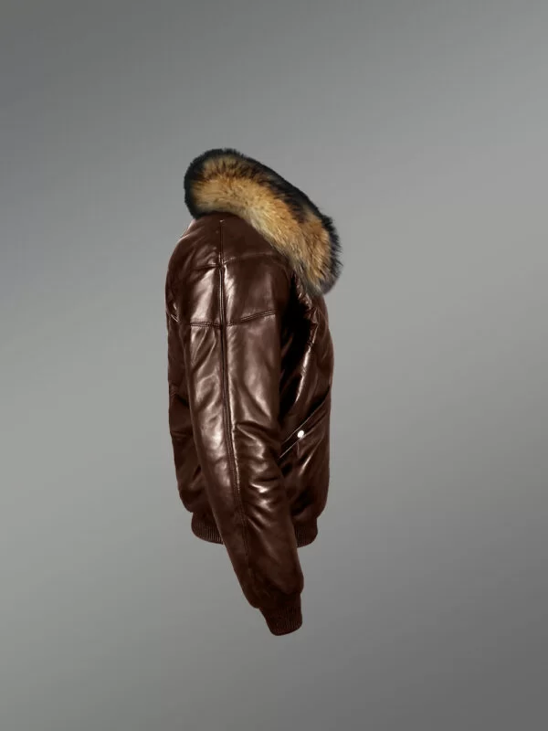 Men’s 100% Real Leather Coffee V Bomber Winter Jacket With Raccoon Fur Collar - Image 3