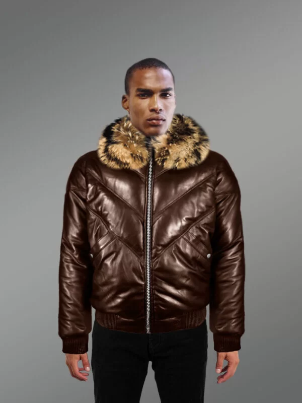 Men’s 100% Real Leather Coffee V Bomber Winter Jacket With Raccoon Fur Collar
