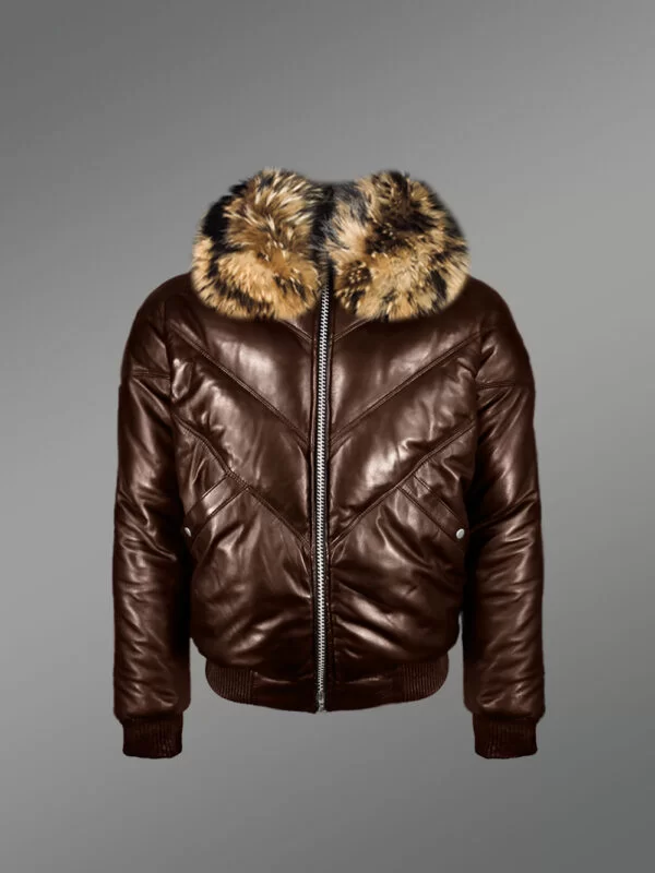 Men’s 100% Real Leather Coffee V Bomber Winter Jacket With Raccoon Fur Collar - Image 2
