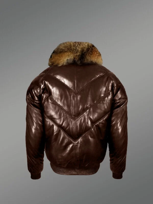 Men’s 100% Real Leather Coffee V Bomber Winter Jacket With Raccoon Fur Collar - Image 4