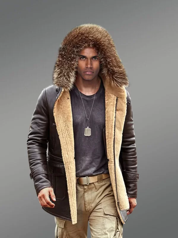 Mens Genuine Shearling Jacket with Raccoon Fur Outlined Hood - Image 2