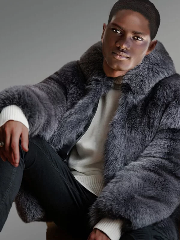 Mens Fox Fur Coat with Hood - Image 4