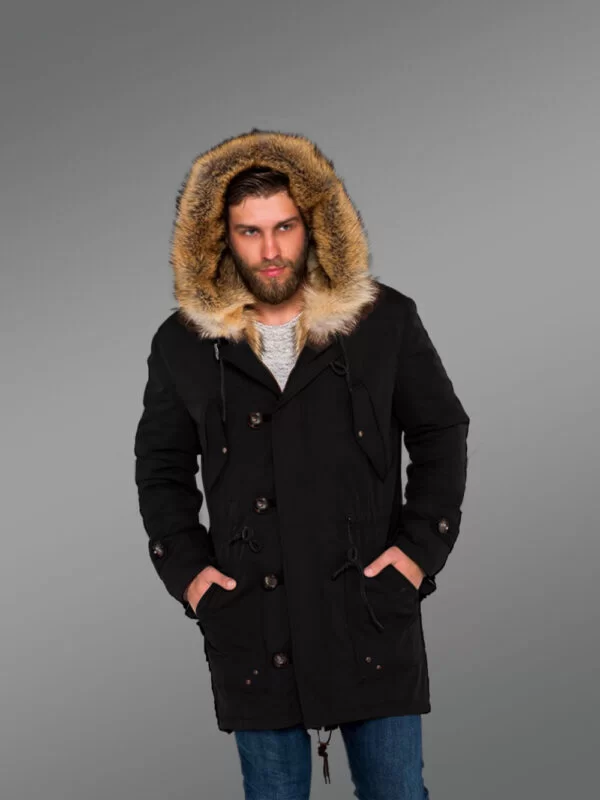 Men’s Golden Island Fox Fur Hybrid Black Parka Convertibles for More Stylish and Elegant You with Rabbit Liner - Image 3