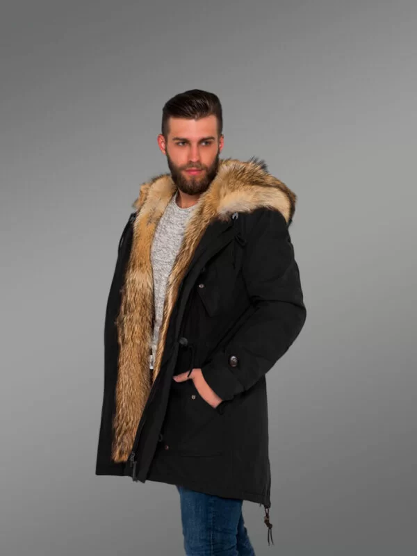 Men’s Golden Island Fox Fur Hybrid Black Parka Convertibles for More Stylish and Elegant You with Rabbit Liner - Image 2