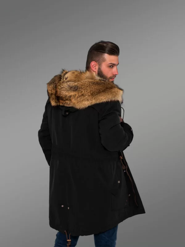 Men’s Golden Island Fox Fur Hybrid Black Parka Convertibles for More Stylish and Elegant You with Rabbit Liner - Image 5