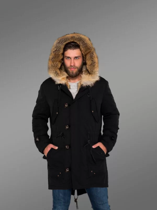 Men’s Golden Island Fox Fur Hybrid Black Parka Convertibles for More Stylish and Elegant You with Rabbit Liner - Image 4