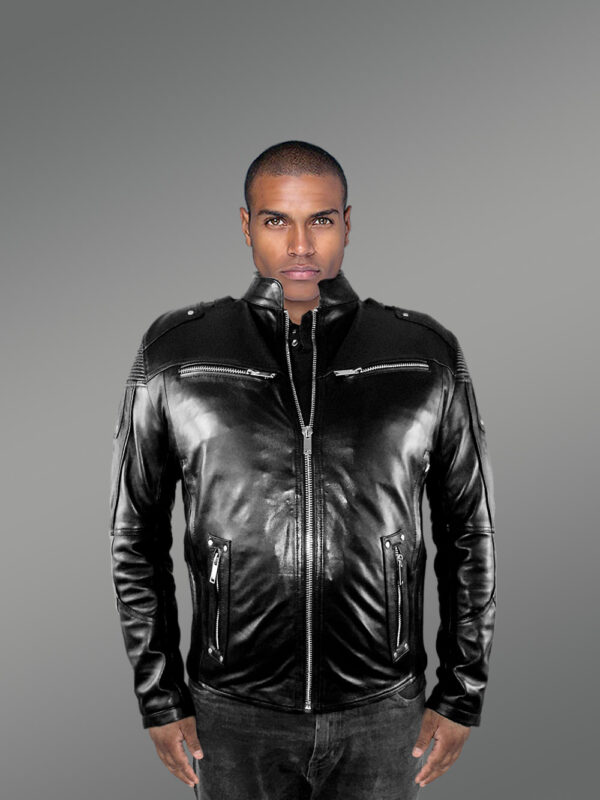 Mens Moto Leather Jacket in Black - Image 6