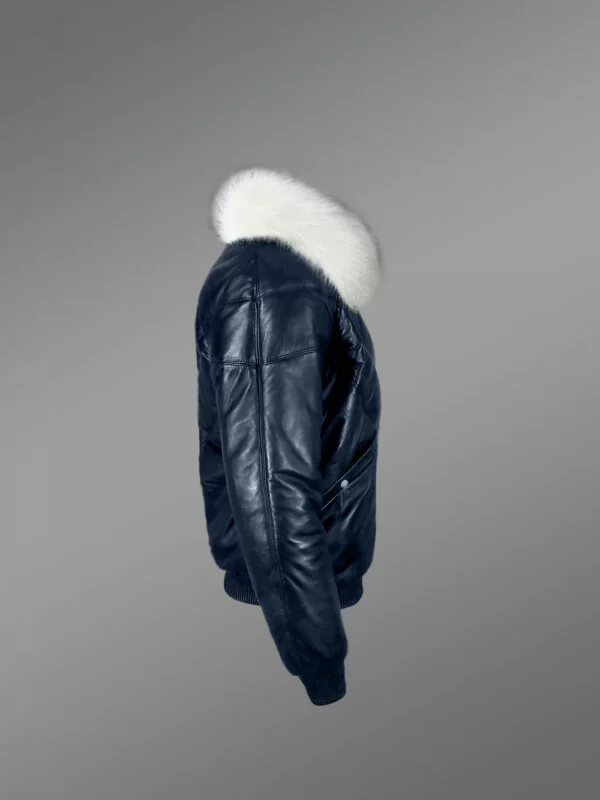 Men’s Navy Real Leather Vintage V Bomber Jacket With Snow White Real Fox Fur Collar - Image 3
