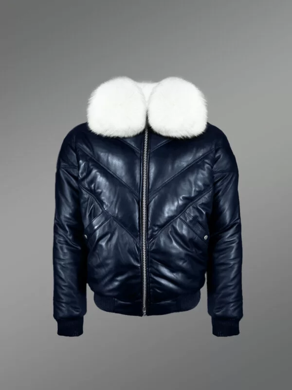 Men’s Navy Real Leather Vintage V Bomber Jacket With Snow White Real Fox Fur Collar - Image 2