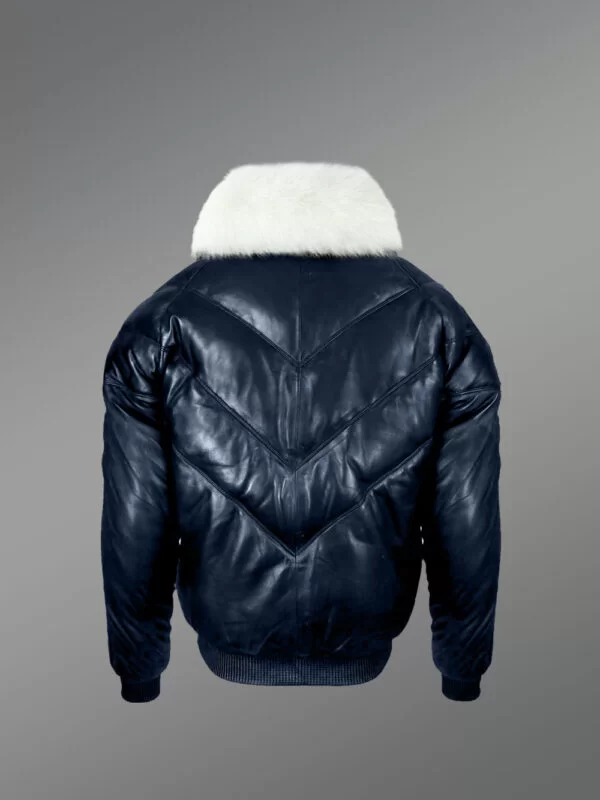 Men’s Navy Real Leather Vintage V Bomber Jacket With Snow White Real Fox Fur Collar - Image 4