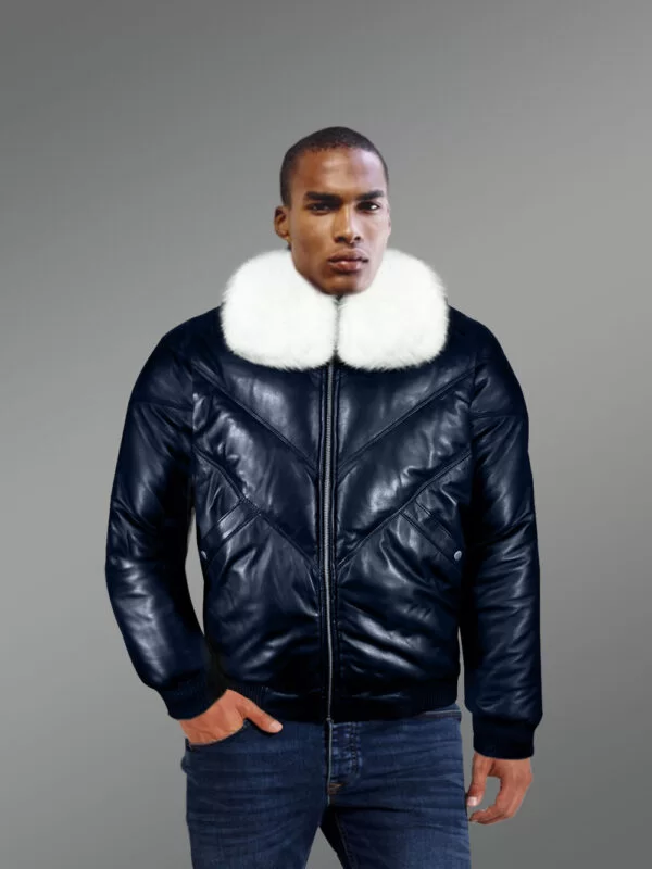 Men’s Navy Real Leather Vintage V Bomber Jacket With Snow White Real Fox Fur Collar