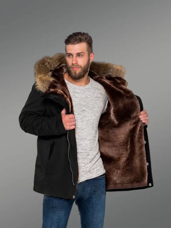 Blazing Fashion Trend with Men’s Hybrid Black Finn Raccoon Fur Parka Convertibles - Image 3