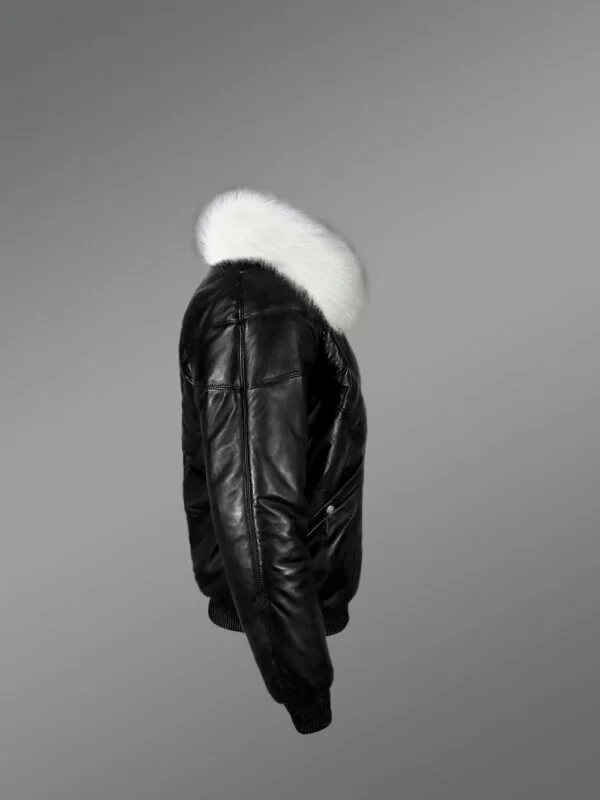 Men’s Iconic Premium Lamb Skin Black V-Bomber Jacket With Detachable White Fur Collar - Image 3
