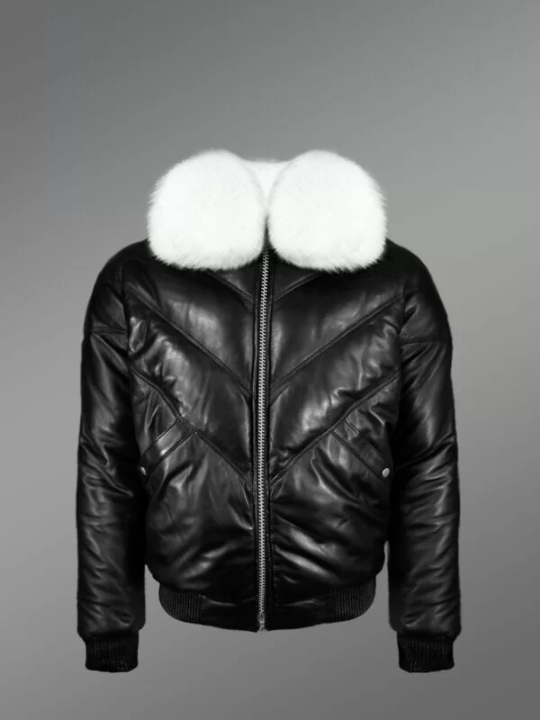 Men’s Iconic Premium Lamb Skin Black V-Bomber Jacket With Detachable White Fur Collar - Image 2