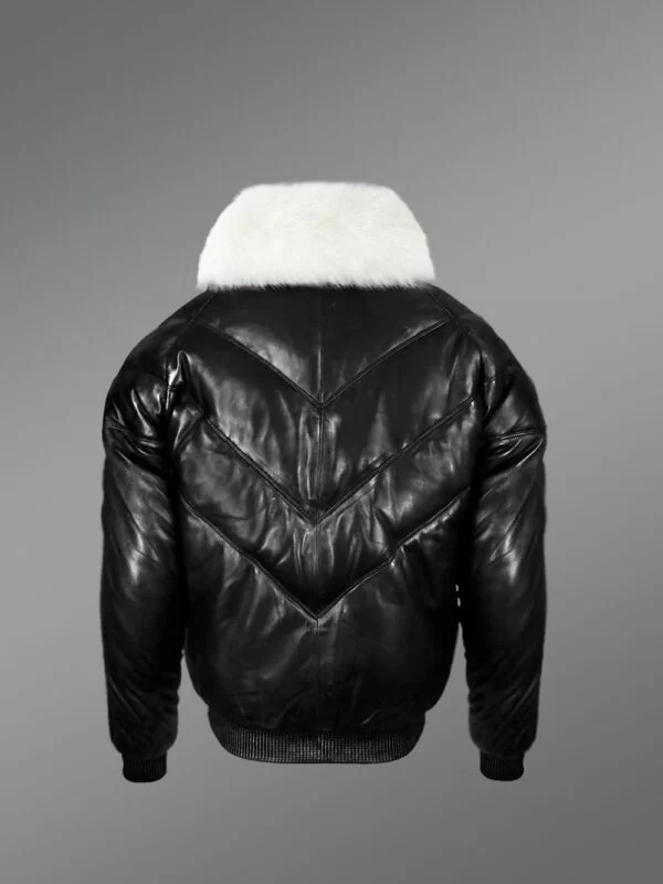 Men’s Iconic Premium Lamb Skin Black V-Bomber Jacket With Detachable White Fur Collar - Image 4