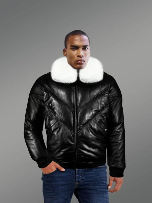 Men’s Iconic Premium Lamb Skin Black V-Bomber Jacket With Detachable White Fur Collar
