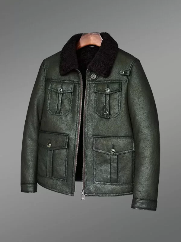 Military Green Authentic Shearling Jacket with Four Pockets - Image 3