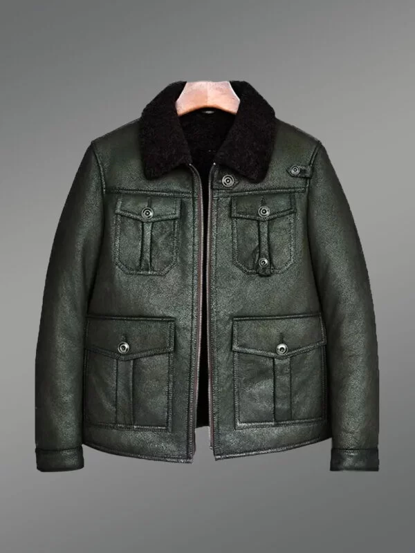 Military Green Authentic Shearling Jacket with Four Pockets - Image 4