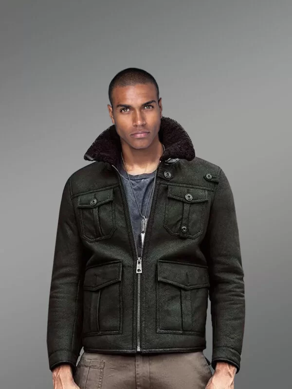 Military Green Authentic Shearling Jacket with Four Pockets