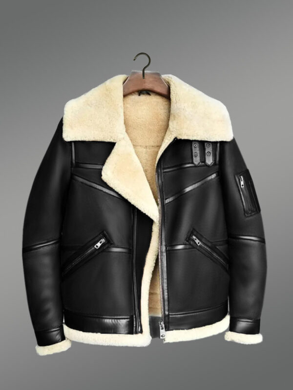 Moto Style Shearling Black Jacket With Double Collar Belts - Image 3