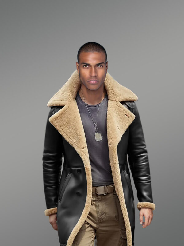 Nappa Finish Black Trench Shearling Coat For Men - Image 2
