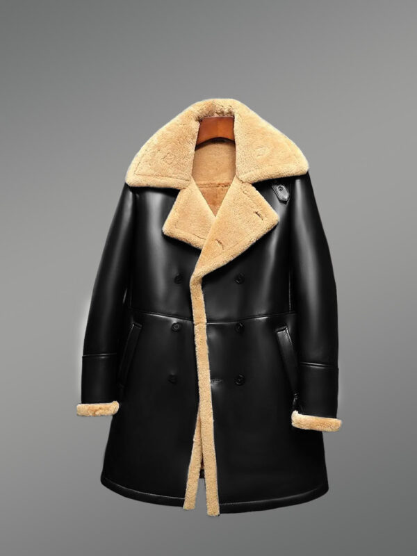 Nappa Finish Black Trench Shearling Coat For Men - Image 4