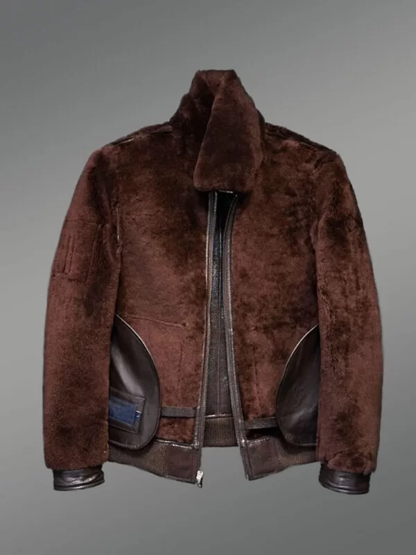 Red-Brown Aviator Bomber Style Shearling Jacket - Image 2
