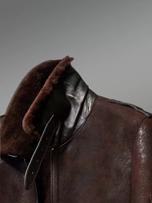 Red-Brown Aviator Bomber Style Shearling Jacket - Image 4