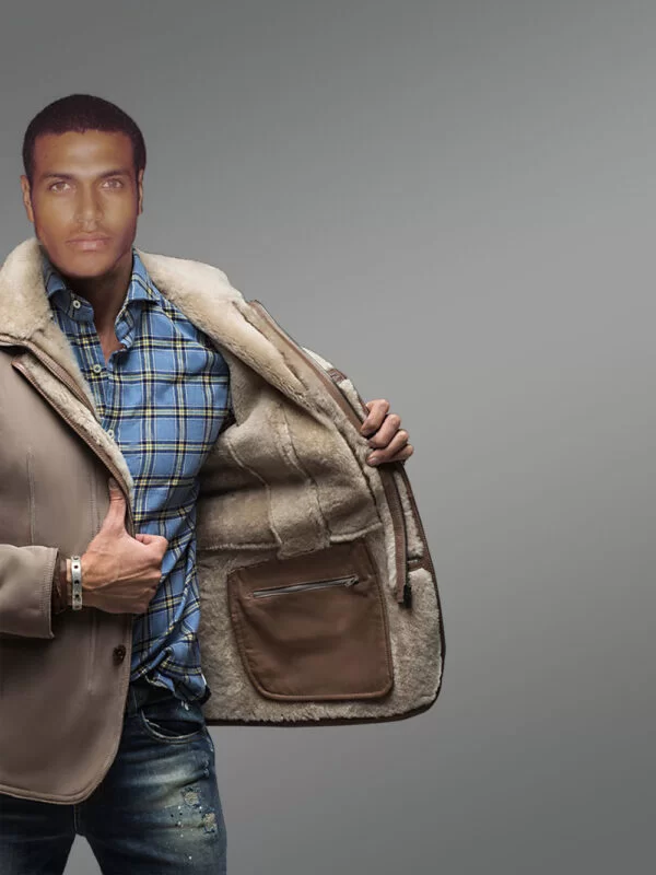 Men’s Sheepskin Shearling Blazer Jacket with Tonal Leather Trim - Image 2