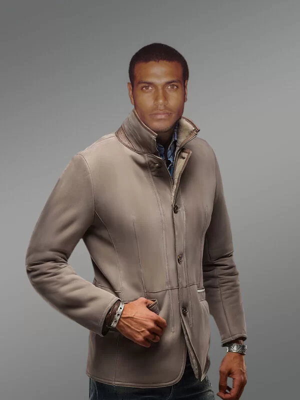 Men’s Sheepskin Shearling Blazer Jacket with Tonal Leather Trim - Image 5