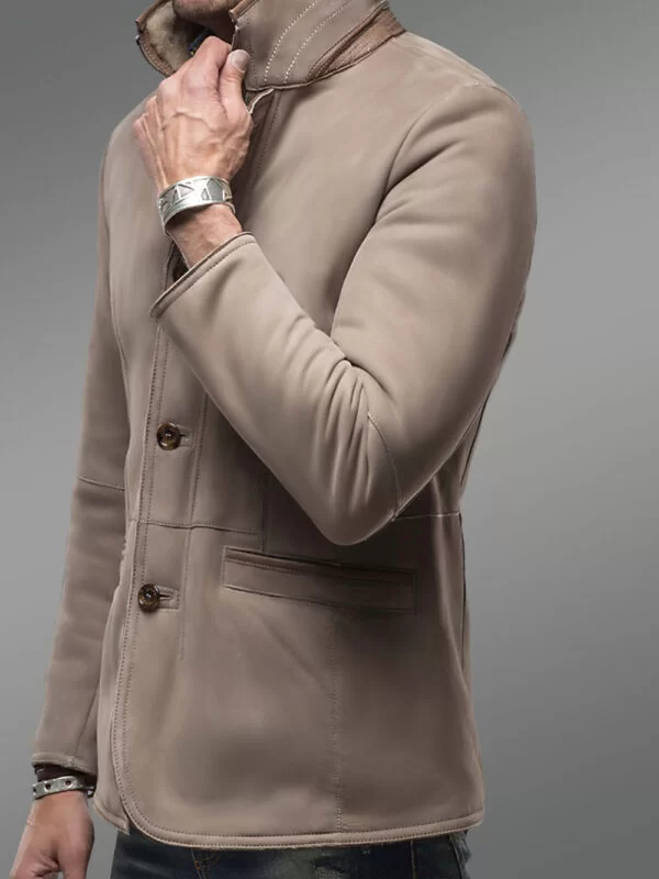 Men’s Sheepskin Shearling Blazer Jacket with Tonal Leather Trim - Image 3