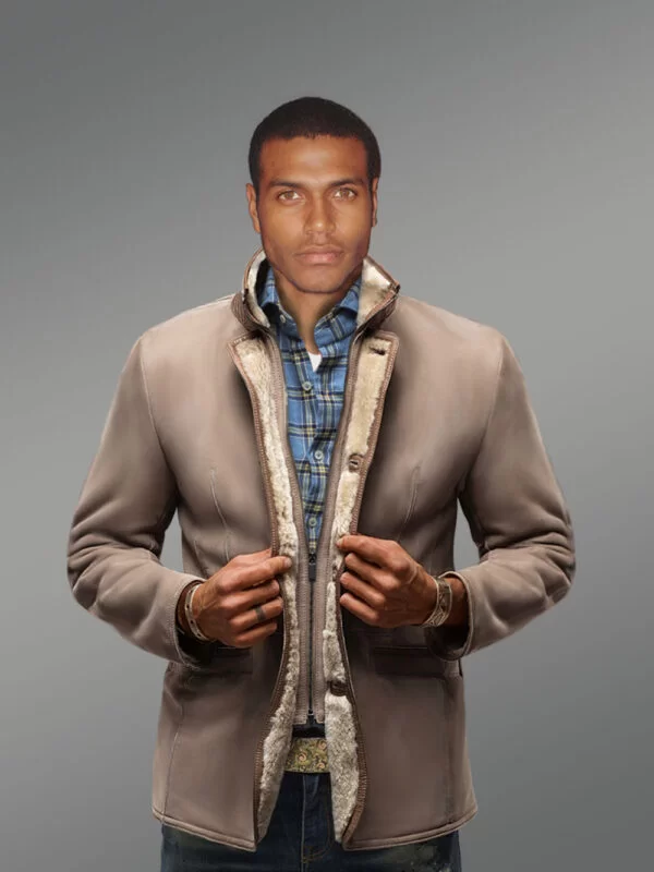Men’s Sheepskin Shearling Blazer Jacket with Tonal Leather Trim