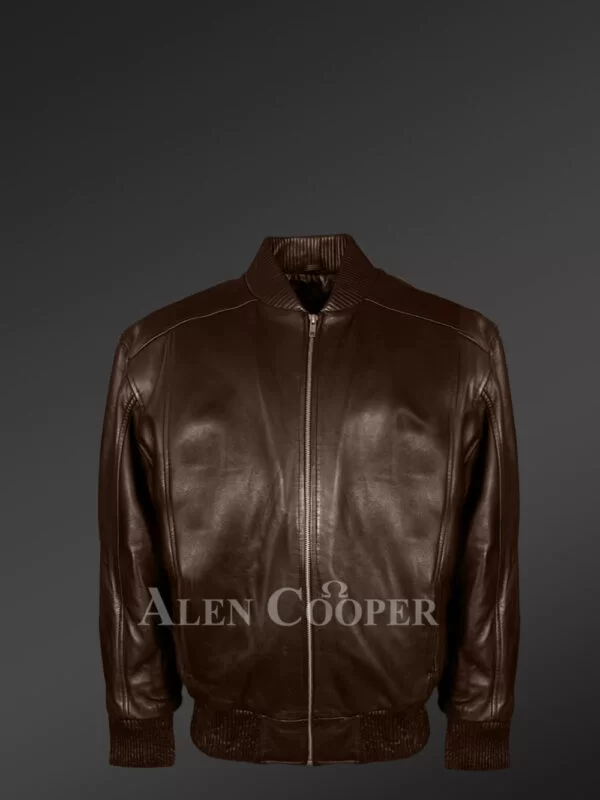 Stylish Semi-Bomber Coffee Color Real Leather Jacket for Men - Image 2