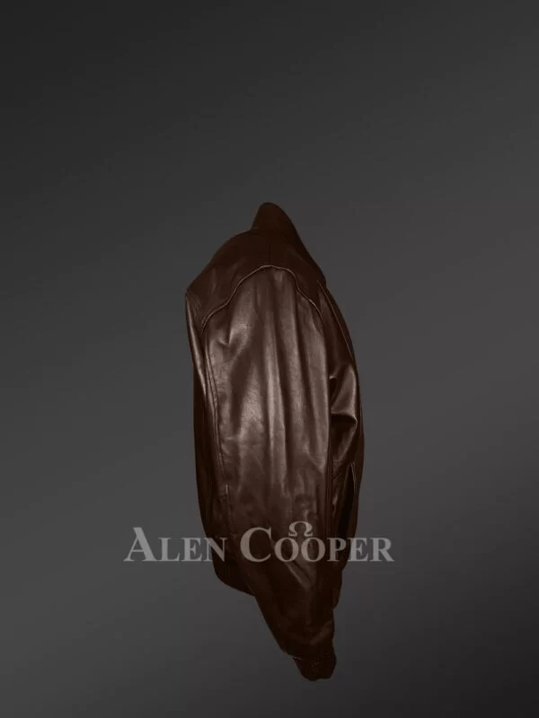 Stylish Semi-Bomber Coffee Color Real Leather Jacket for Men - Image 3
