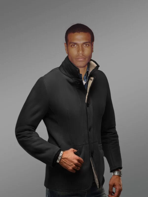 Suede Finish Blazer Style Black Premium Shearling Jacket - Image 2