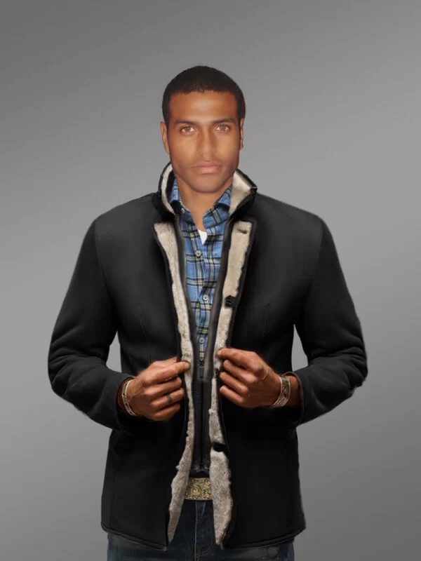 Suede Finish Blazer Style Black Premium Shearling Jacket